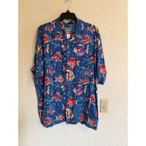 Joe Kealoha's Mens Hawaiian Shirt Large Blue Tropical Fish Rayon Camp Button Up